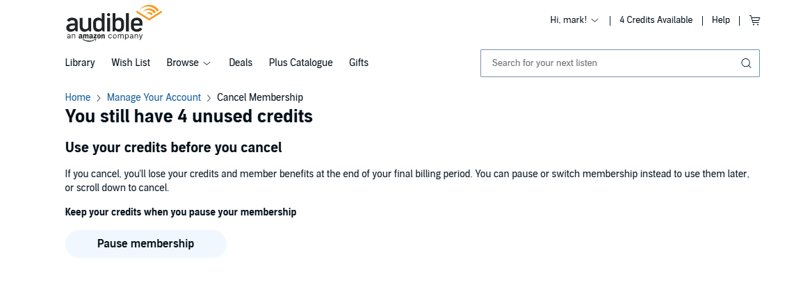 cancel audible interface during free trial screenshot