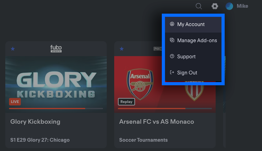 Fubo TV account menu with manage add-ons and cancel option