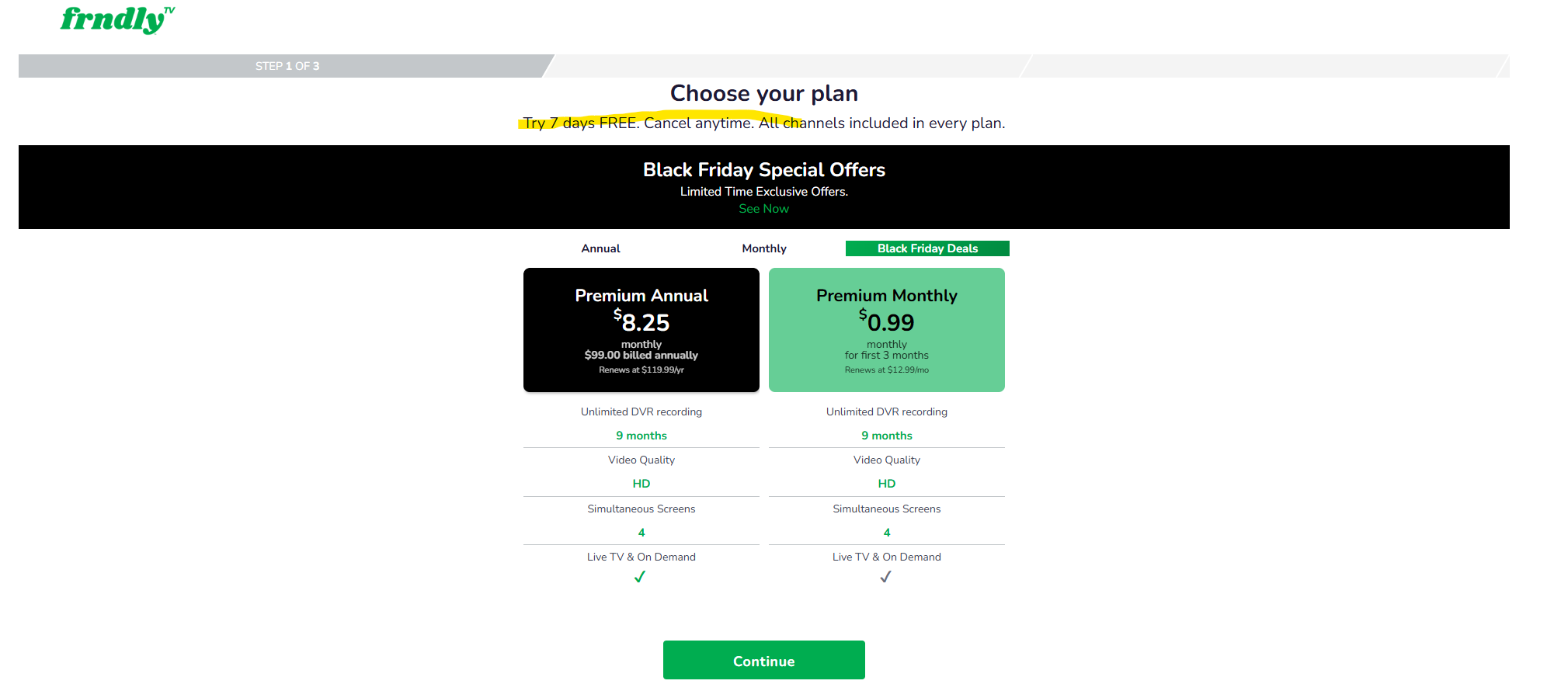 Frndly TV choose your plan free trial signup screen