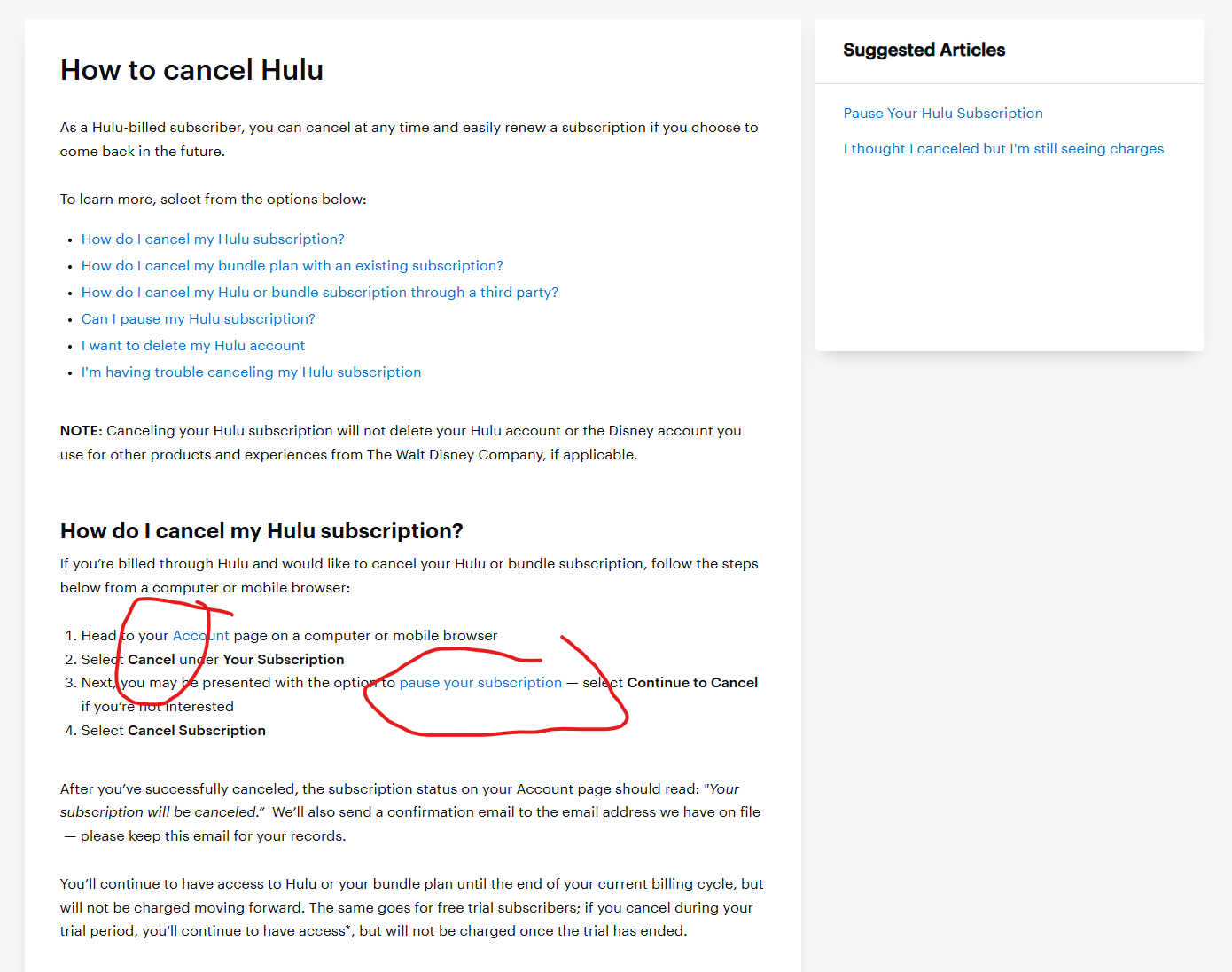 Hulu support page with cancel subscription instructions