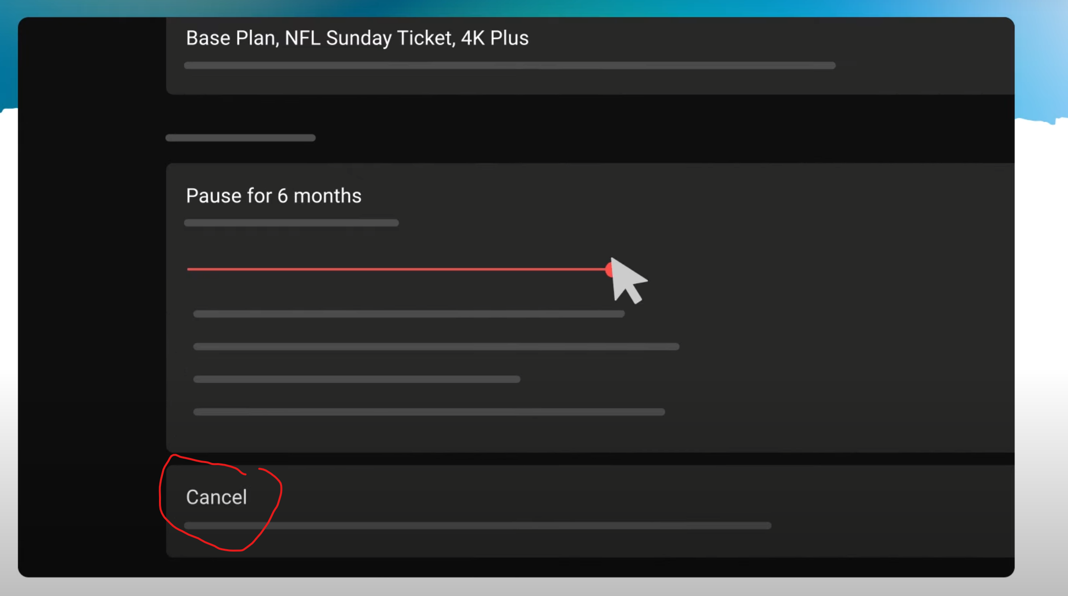 YouTube TV subscription page with cancel option highlighted